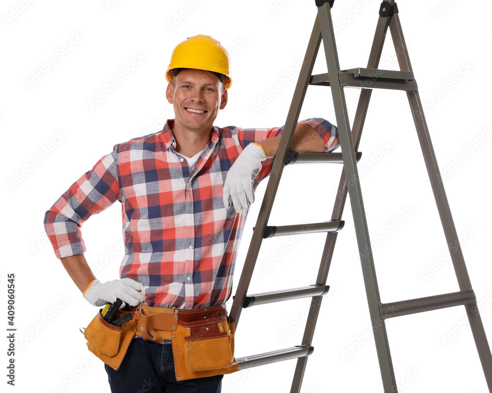Professional constructor near ladder on white background Professional constructor near ladder on white background
