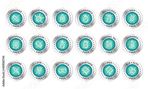 Natural, organic, eco, bio product badges, no additives