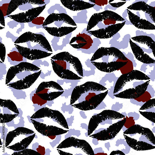 Seamless pattern of a black lips on violet background. vector illustration for Valentines Day	