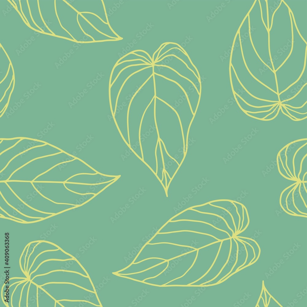 Obraz premium Seamless pattern of yellow tropical outline leaves on a turquoise background. Vector beautiful background from curly leaves for textile, print.
