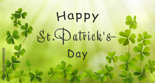 Happy St. Patrick's Day. Clover leaves on green background, banner design