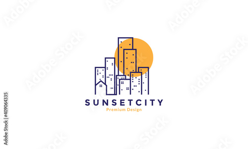city line building with sunset logo symbol icon vector graphic design illustration
