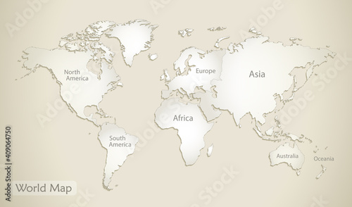 Fototapeta Naklejka Na Ścianę i Meble -  World continents map, administrative division with names, old paper background vector