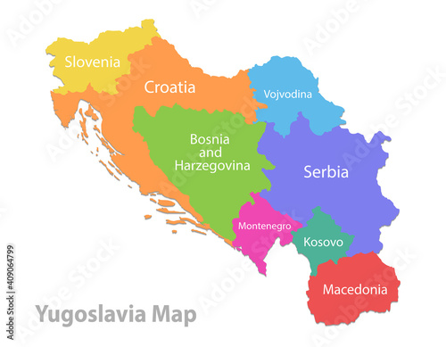 Yugoslavia map, administrative division, separate individual regions with names, color map isolated on white background vector