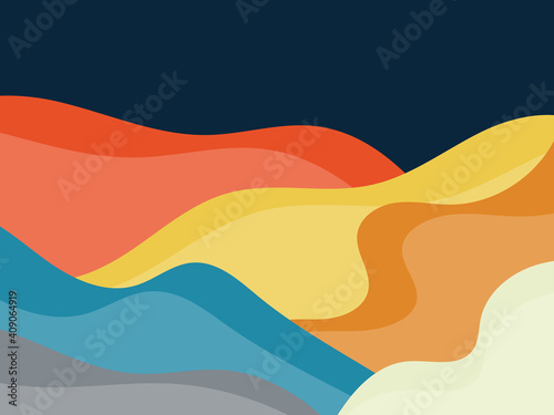 Colorful landscape in a minimalistic style. Plains and mountains, fields and meadows. Typographic boho decor for prints, posters and interior design. Mid-century modern decor. Vector illustration