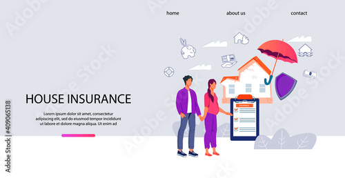 Property insurance policy services web banner template with young family couple among various symbols of property insurance, flat vector illustration.