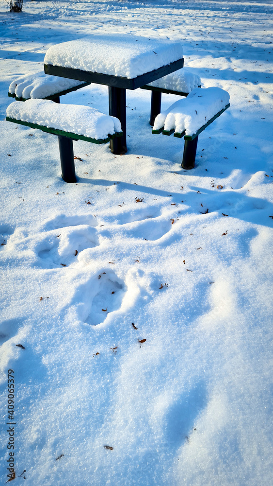 Zimowy poranek w parku. Stolik i ławka przysypane śniegiem. 