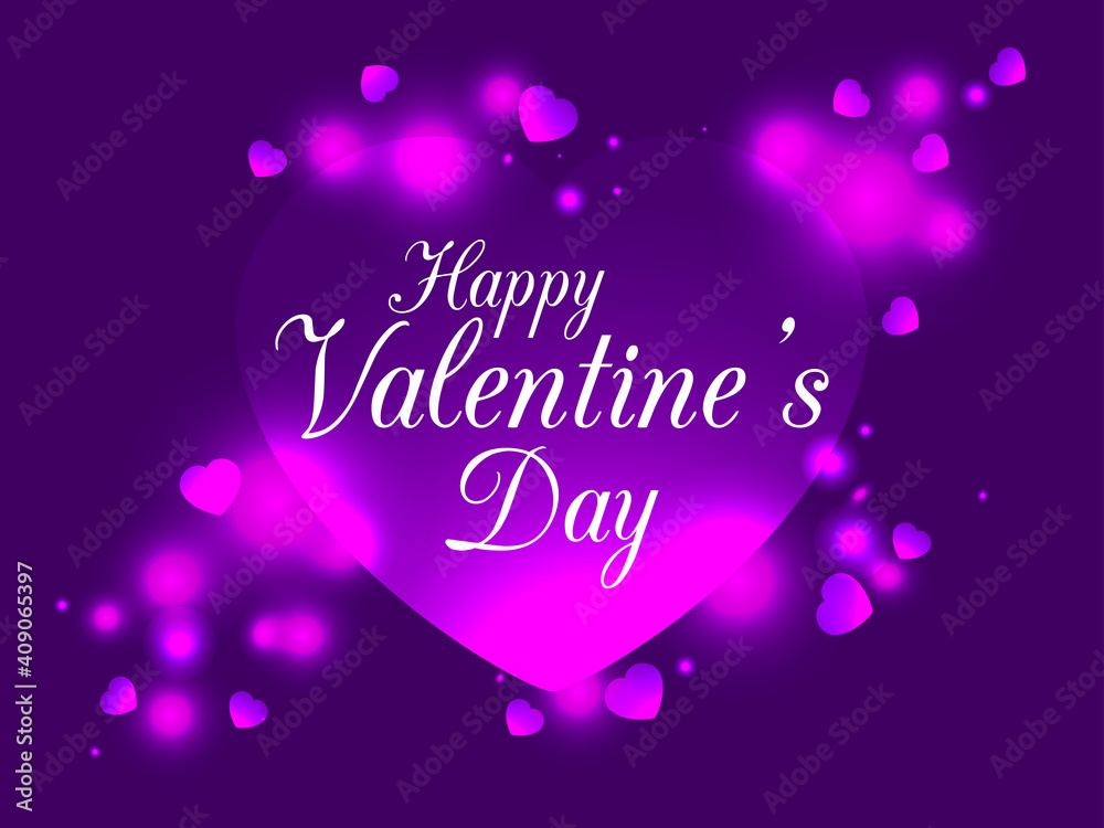 Valentine's Day, February 14th. Greeting card with an inscription on the background of hearts with bokeh effect and glowing particles. Vector illustration