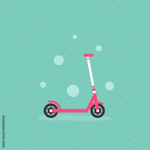 Pink kick scooter or balance bike icon. Flat push scooter on turquoise background.