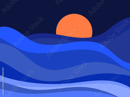 Night wavy landscape in a minimalist style. Boho typographic decor for prints, posters and interior designs. Mid-century modern decor. Vector illustration