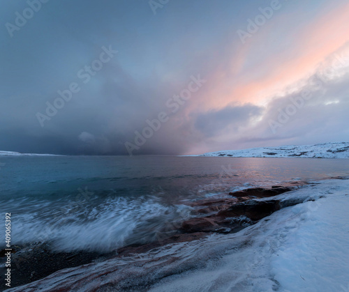 Sunrise on the Barents Sea. Murmansk region. Russia