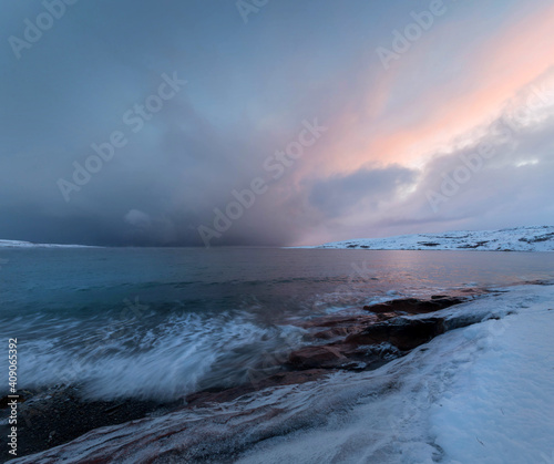 Sunrise on the Barents Sea. Murmansk region. Russia