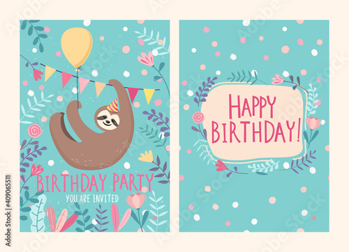Set of Happy birthday card and party invitation with cute sloth