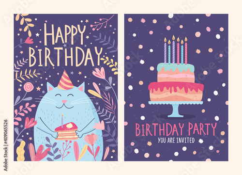 Set of Happy birthday card and party invitation with cute cat and cake with c...