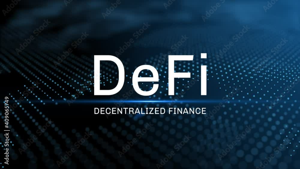 Defi - Decentralized Finance smart contract conceptual modern intro text 3D animation with lens flare and depth of field focus blur