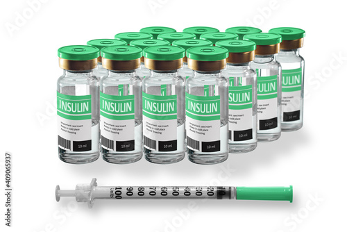 many insulin vials and an insulin syringe. isolated
