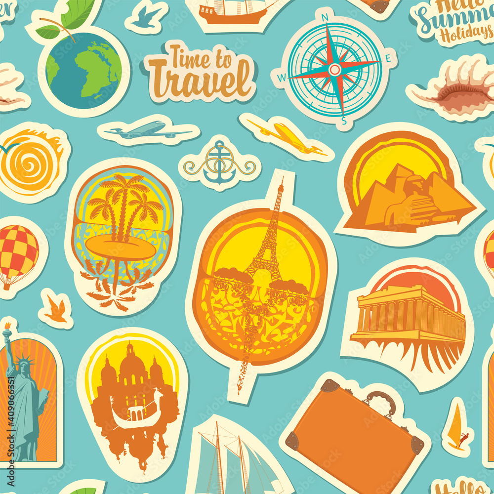 Seamless pattern on the theme of travel and vacations. Repeating vector background with stickers or magnets from various countries on a blue backdrop in retro style