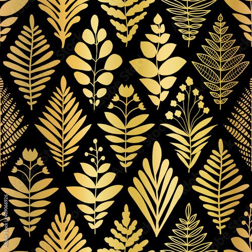 Luxury golden art deco floral pattern. Nature background vector with gold foil faux metallic texture plants, leaves and flowers line art on black color background. Vector illustration