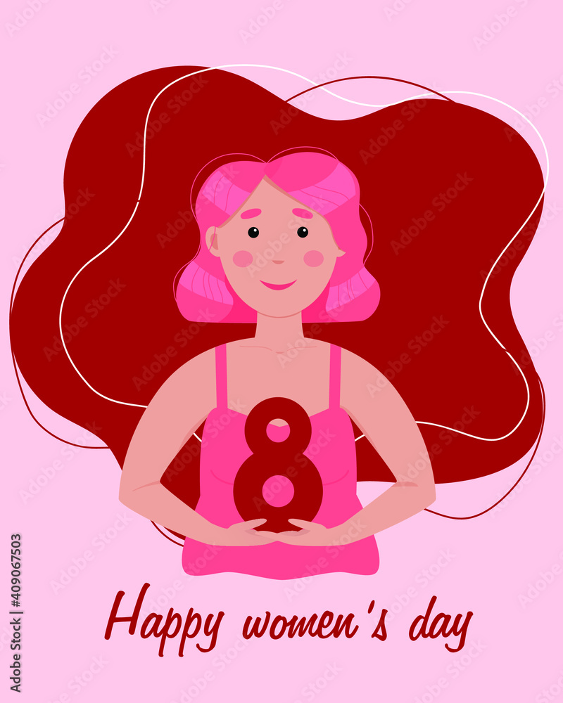 International Women's Day. March 8.Cute girl on an abstract background with number 8. For postcards, header, apps, banner, landing page