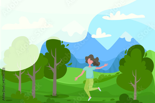 Hello spring illustration for header, apps, banner, landing page. Happy girl jogging. Against the backdrop of mountains and nature.