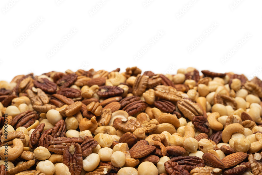 Mix of nuts isolated on white background. Top view. Mix of nuts isolated on white background. Top view.