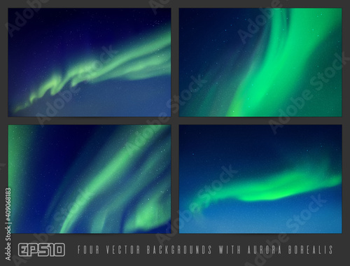 Night starry sky and Northern lights. Aurora borealis. Background set