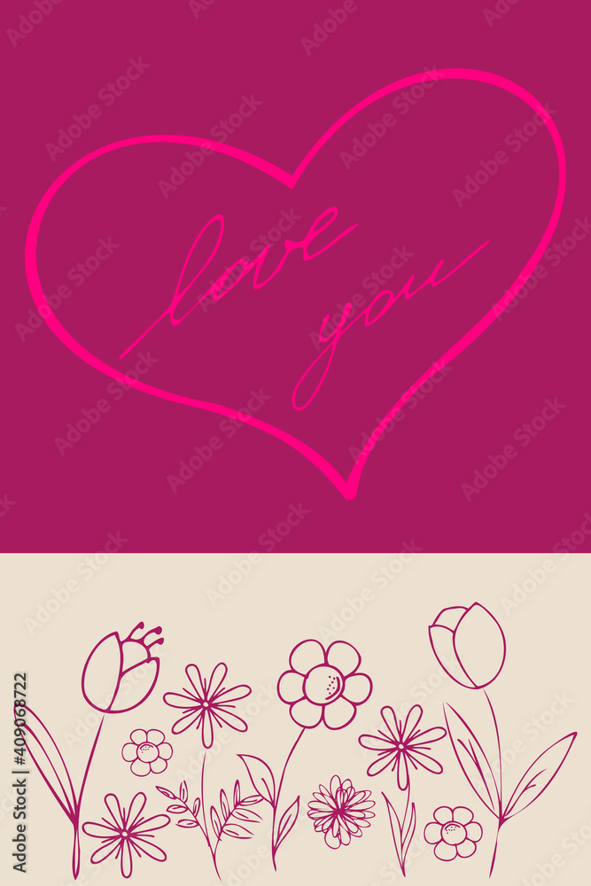 Greeting card with flowers, heart and words love you in pink and beige colors.  Doodle vector illustration, simple cartoon line art.