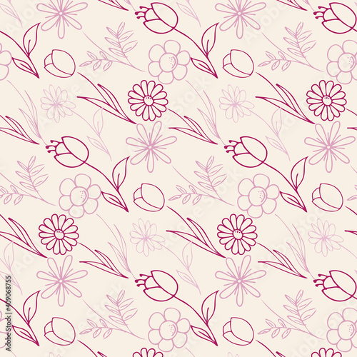 Wallpaper Mural Spring flowers seamless pattern beige and pink color.Doodle vector illustration, simple cartoon line art. Torontodigital.ca