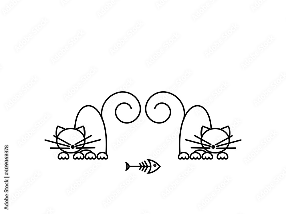 Cat Print. Funny kittens playing with a fish. Minimalist Art. Cat Print. Funny kittens playing with a fish. Minimalist Art.