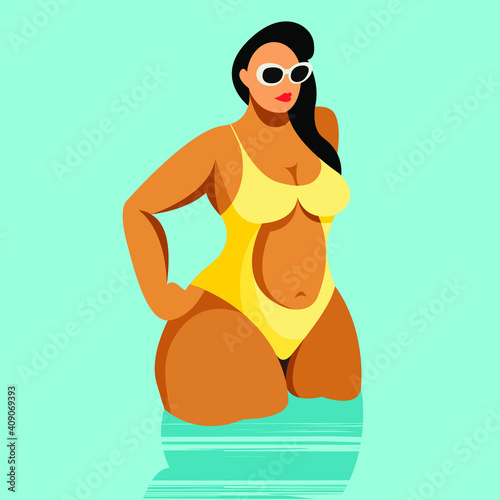 vector illustration on the theme of summer holidays. beautiful young tanned girl in a yellow swimsuit stands knee-deep in the sea, ocean or pool.  can be used to decorate leaflets and flyers.