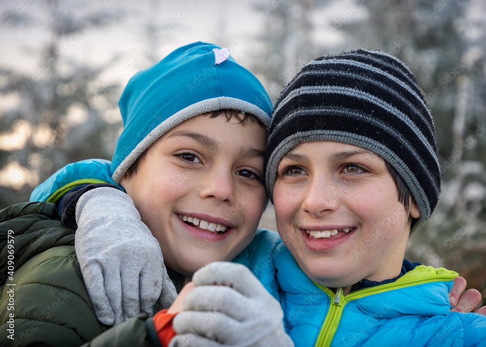 Portrait of two freinds or brothers in winter Portrait of two freinds or brothers in winter