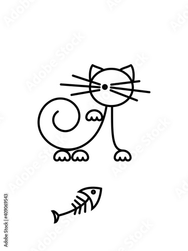 Cat Print. Funny kitten playing with a fish. Minimalist Art.