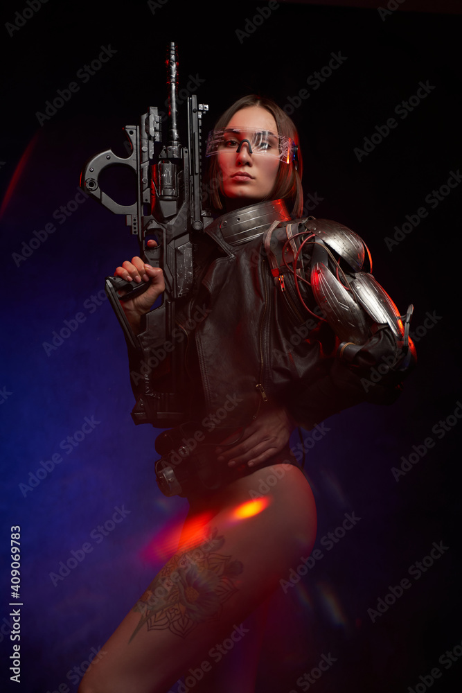 Sexual and female soldier with nude and tattooed legs pose with rifle