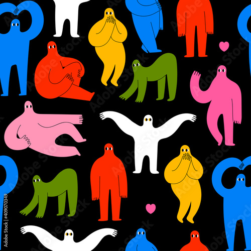 Various strange creatures or People with long arms and small heads. Cute disproportionate characters in different poses. Abstract Vector illustration. Square Seamless Pattern. Background, Wallpaper
