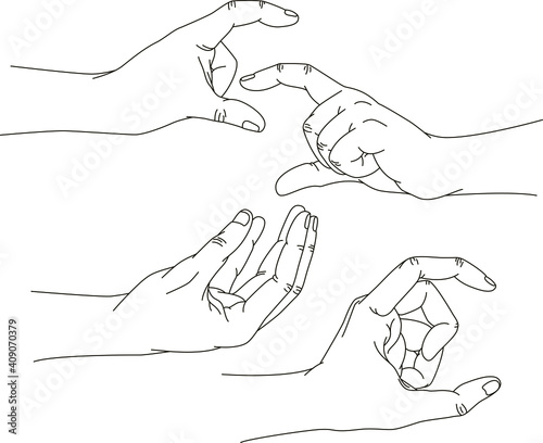 Vector set : linear hands with gestures look like holding something. Hand drawn sketch style elements for design cards, books.