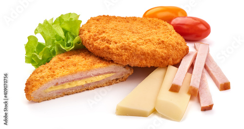 Fried chicken Cordon bleu with cheese in breadcrumbs, isolated on white background photo
