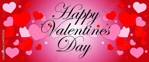 Valentine's day, greeting card for valentines day, gradient background, hearts that meet in the center and the phrase of happy valentines day