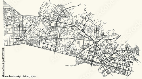 Black simple detailed street roads map on vintage beige background of the neighbourhood Shevchenkivskyi district of Kiev/Kyiv, Ukraine