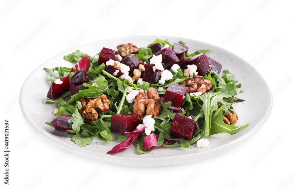 Delicious beet salad with arugula and walnuts isolated on white