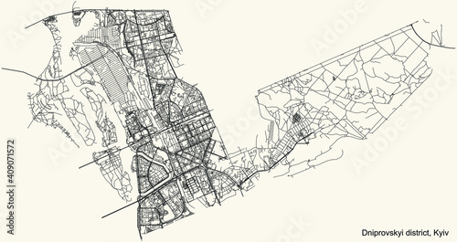 Black simple detailed street roads map on vintage beige background of the neighbourhood Dniprovskyi district of Kiev/Kyiv, Ukraine