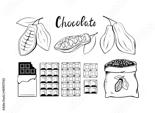 Chocolate and cocoa beans icons set