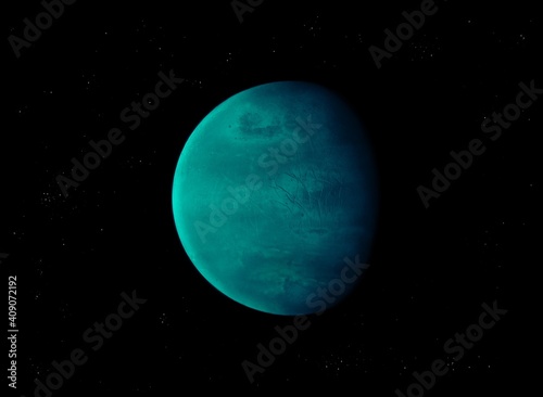 Green planet with a solid surface in space with stars