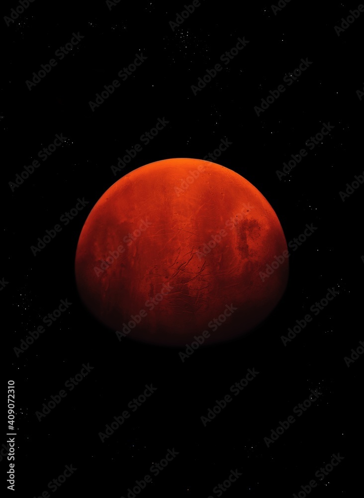 Fototapeta premium Mysterious red planet in space with stars. The surface of a beautiful stone planet. 