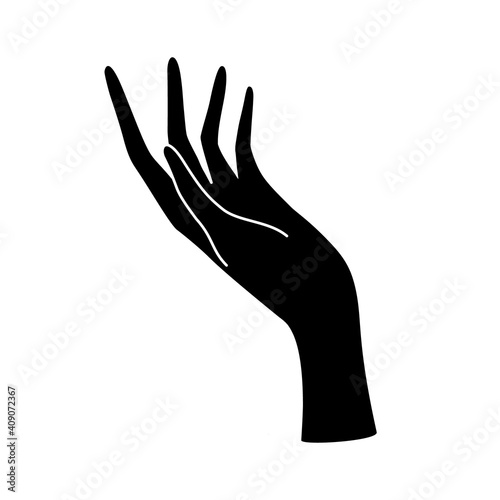 Black silhouette of woman's hand with beautiful long fingers. Witchery fortune telling astrology tarot concept. Logo element for beauty jewelry