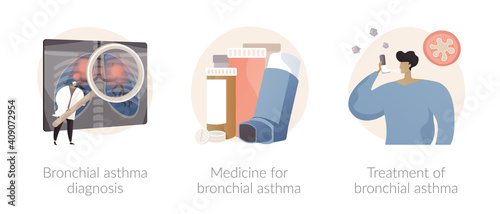 Respiratory illness abstract concept vector illustration set. Bronchial asthma diagnosis, medicine and treatment, inhaler and nebulizer, breathing attack, allergy cough, puffer abstract metaphor.
