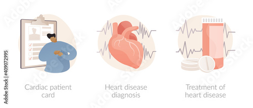 Heart attack abstract concept vector illustration set. Cardiac patient card, heart disease diagnosis and treatment, blood test, hospital care, heartbeat rate and chest pain abstract metaphor.