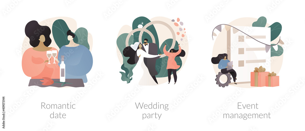 Fototapeta premium Love story abstract concept vector illustration set. Romantic date, wedding party planning, event management, Valentine day celebration, bouquet design, romantic relationship abstract metaphor.