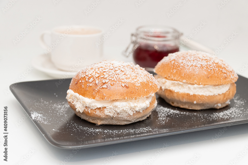 Traditional Finish sweet buns with whipped cream for Shrove Tuesday. Laskiaispulla.