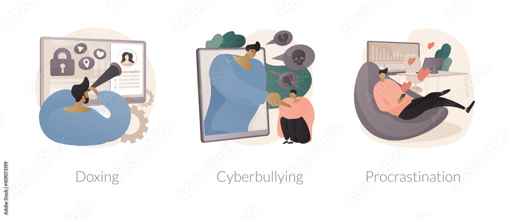 Social engineering abstract concept vector illustration set. Doxing and cyberbullying, procrastination, online bullying, negative comments, internet harassment, professional burnout abstract metaphor.