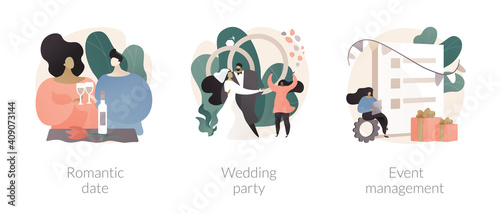 Love story abstract concept vector illustration set. Romantic date, wedding party planning, event management, Valentine day celebration, bouquet design, romantic relationship abstract metaphor.